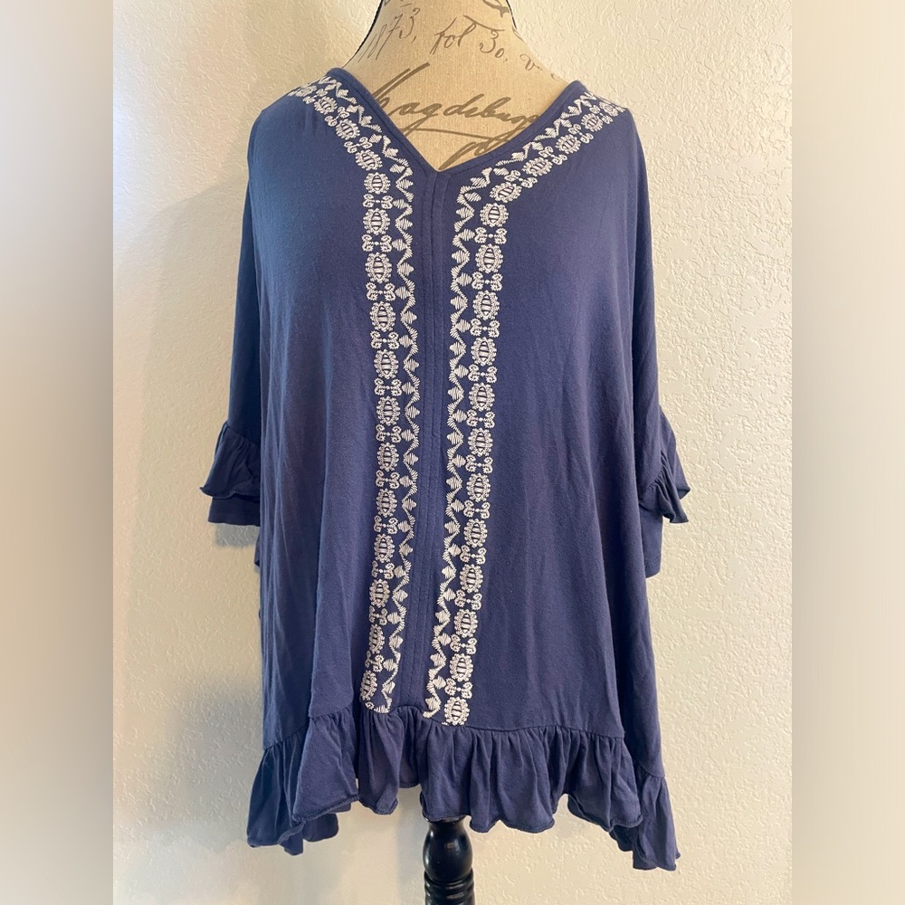 American Rag Navy Blue Embroidered V-Neck Tunic